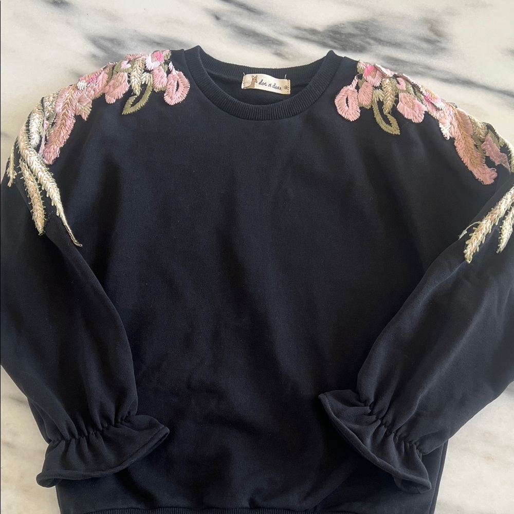 Doe a Dear girls Black Sweatshirt with Pink Floral Embroidery (girls size 8)